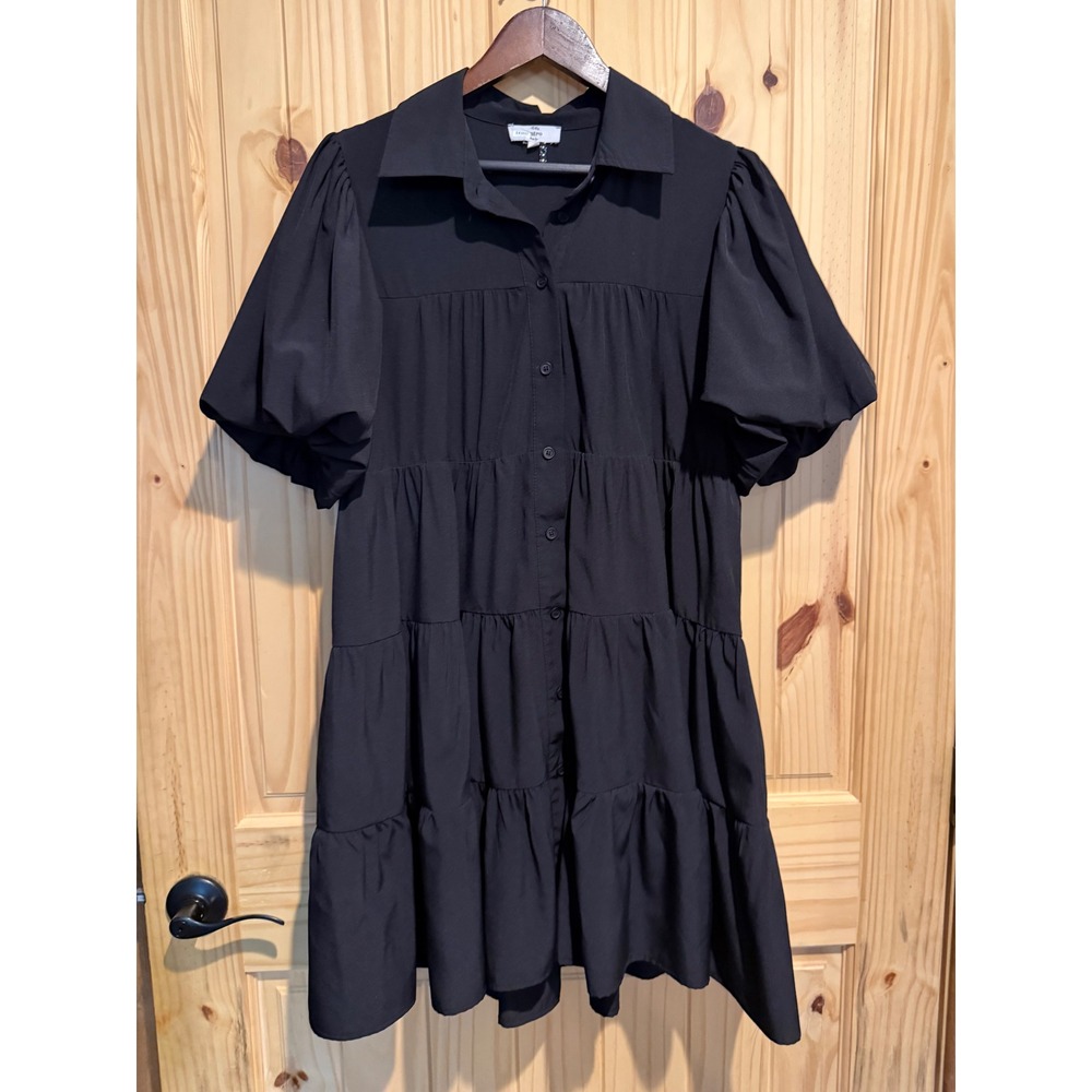 Entro Black Tiered Puff Sleeve Button Down Mini Dress D21143 Womens Medium